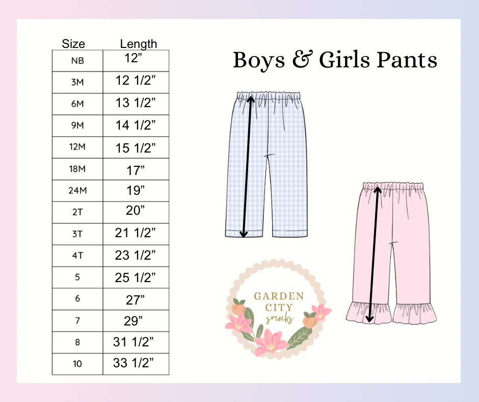 Boys and Girls Pants Size Chart