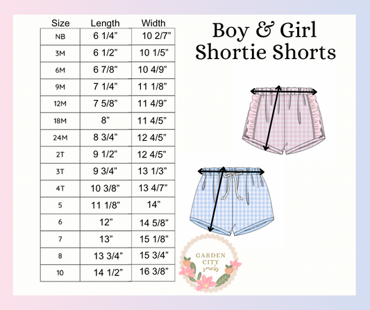 Boys and Girls Shortie Shorts Size Chart