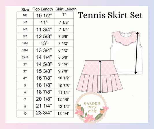 Girls Tennis Skirt Set Size Chart