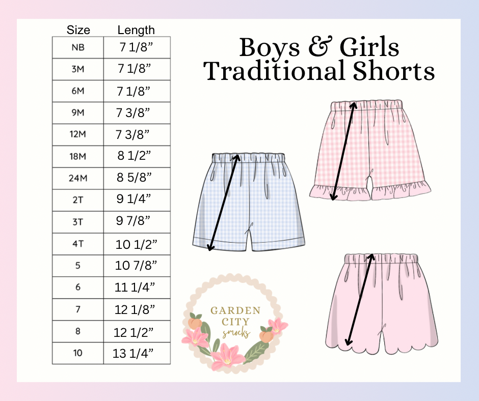 Boys and Girls Traditional Shorts Size Chart