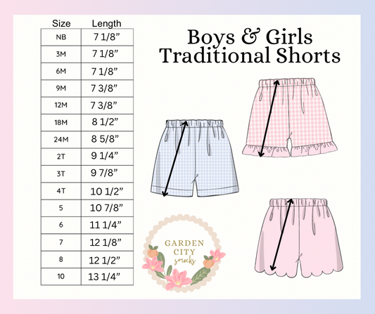 Boys and Girls Traditional Shorts Size Chart