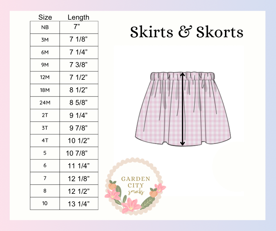 Girls Skirts and Skorts Size Chart