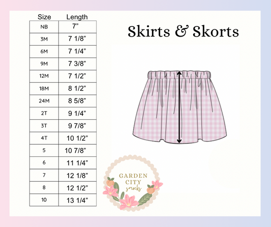 Girls Skirts and Skorts Size Chart